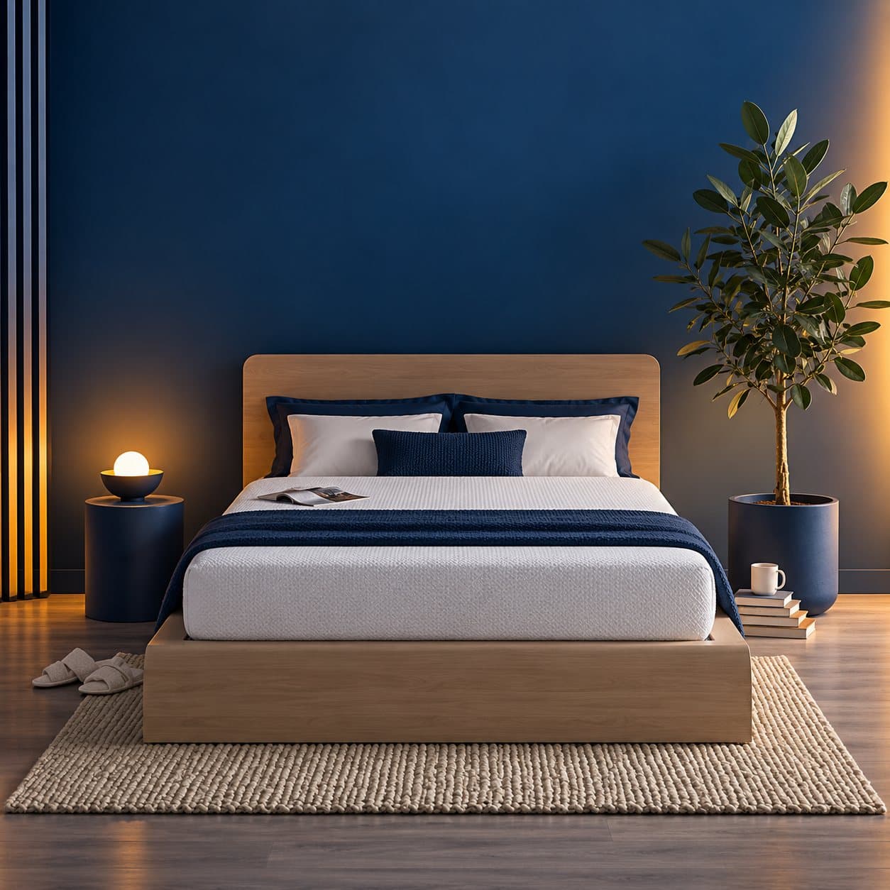 A Genpro mattress on a wooden bed frame in a navy bedroom