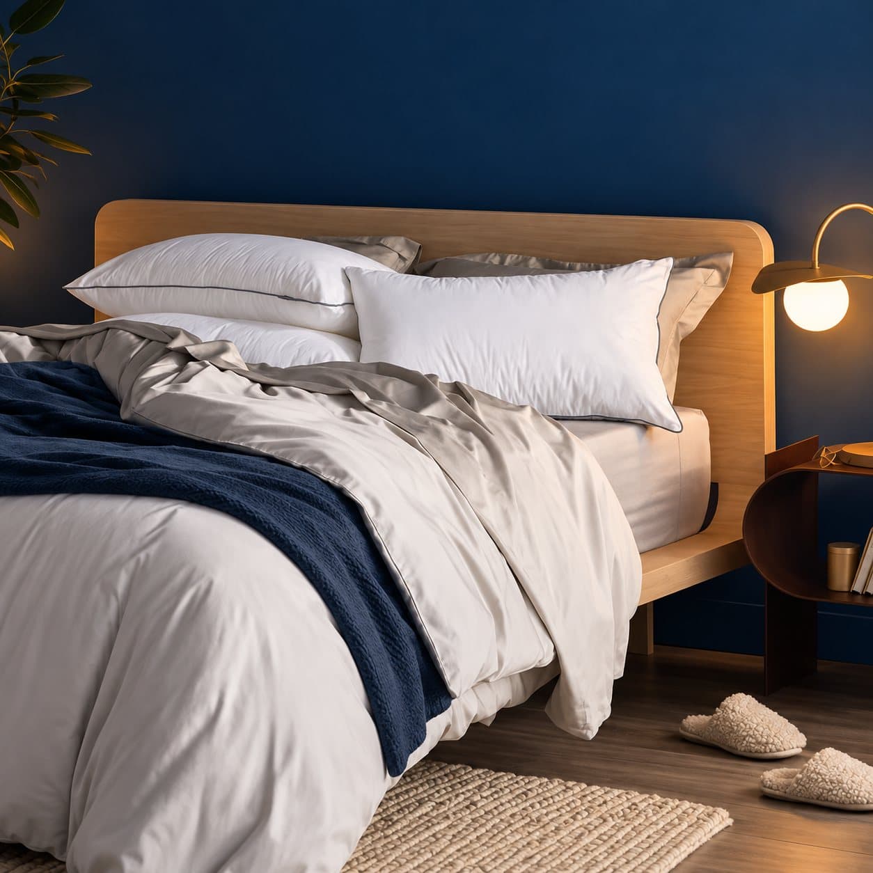 Genpro pillows and bedding, styled by lamplight