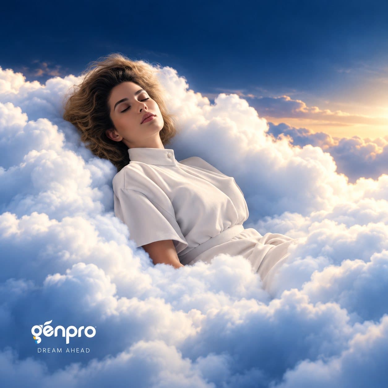 A woman resting among clouds beside the Genpro mark