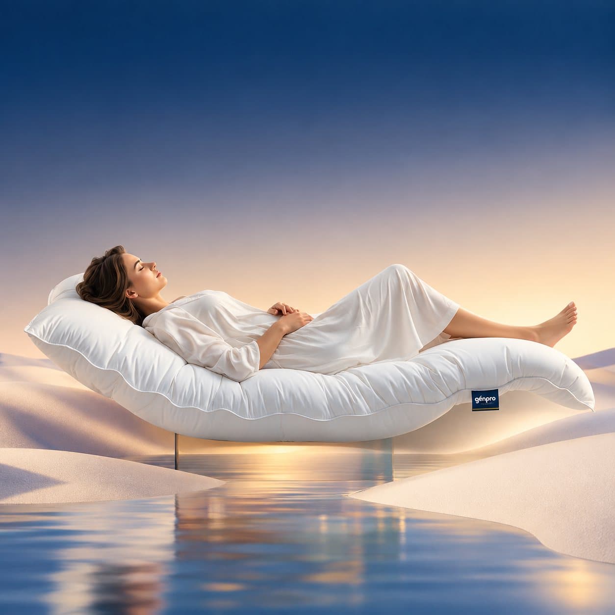 A cloud-soft Genpro lounge concept, floating above still water