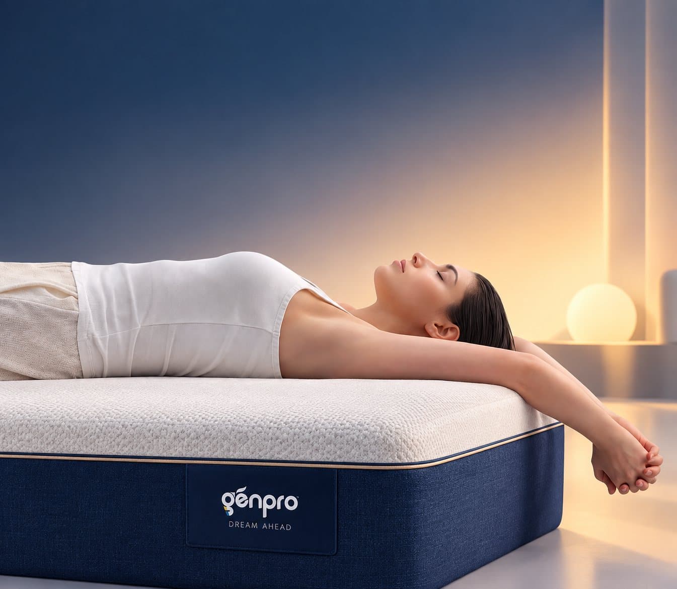 A woman resting beside a Genpro mattress, the brand label in view